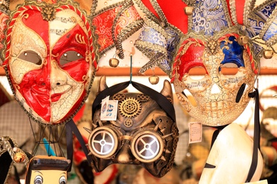 VENICE, ITALY - JUNE 13, 2019: Different Venetian carnival masks in souvenir shop