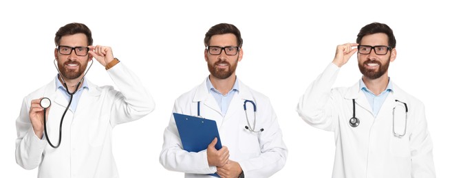 Collage with photos of doctor on white background. Banner design