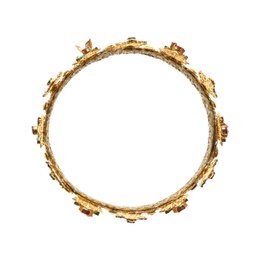 Beautiful golden crown on white background, top view. Fantasy item