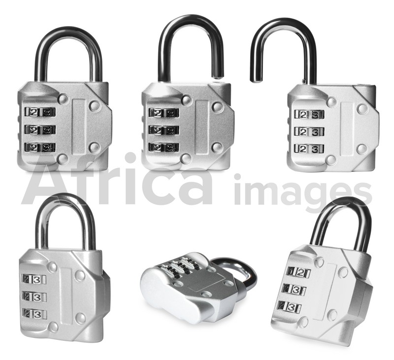 Steel combination padlocks on white background, collage