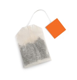 Paper tea bag with tag isolated on white, top view