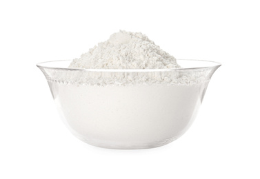 Organic flour in glass bowl isolated on white