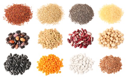 Set with different legumes, grains and seeds on white background, top view. Vegan diet