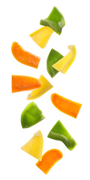 Image of Set of different cut ripe bell peppers on white background