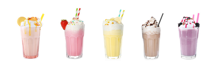 Image of Set of glasses with different protein shakes on white background. Banner design
