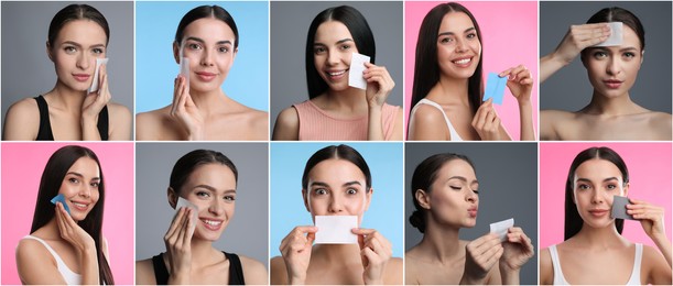 Collage with photos of beautiful women using mattifying wipes on different color backgrounds. Banner design