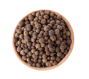 Spicy black pepper grains isolated on white, top view