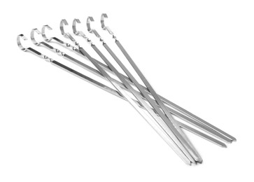 Metal skewers on white background. Barbecue utensil
