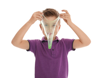 Photo of Little boy with slime on white background