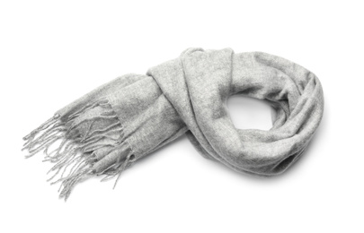 Grey scarf isolated on white, top view