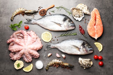 Photo of Flat lay composition with fresh raw dorado fish and different seafood on grey table