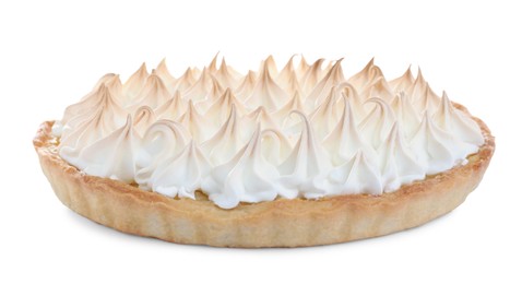 Delicious lemon meringue pie on white background