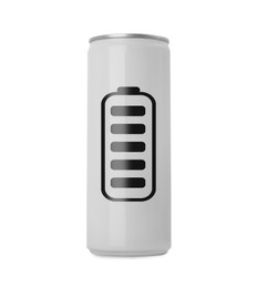 Can of energy drink with picture of fully charged battery on white background