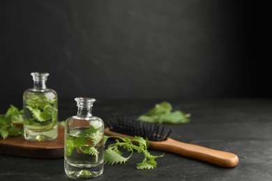 Photo of Stinging nettle leaves, extract and brush on black background. Natural hair care