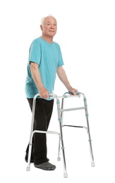 Full length portrait of elderly man using walking frame isolated on white