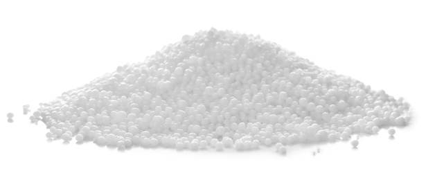 Pile of granular mineral fertilizer isolated on white