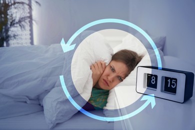 Unhappy young woman in bed at home, focus on clock. Problem of sleep deprivation