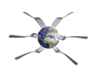 Global food crisis concept. Globe of Earth and many forks on white background
