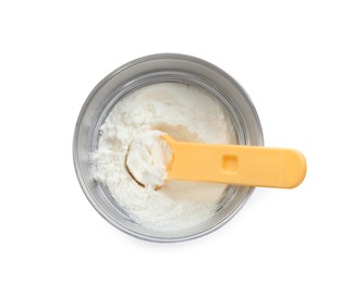 Can of powdered infant formula with scoop isolated on white, top view. Baby milk