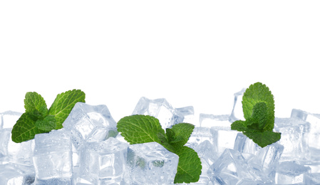Ice cubes and mint on white background