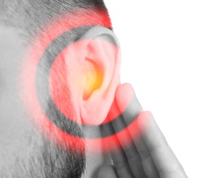  Man suffering from earache on white background, closeup 