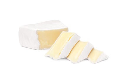 Tasty cut brie cheese on white background