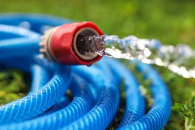 Water flowing from hose on green grass outdoors, closeup