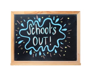 Photo of Chalkboard with text School's Out isolated on white. Summer holidays