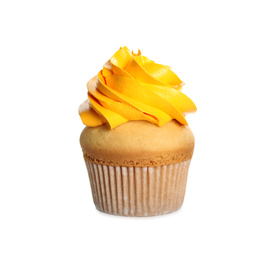 Photo of Delicious cupcake decorated with yellow cream isolated on white. Birthday treat