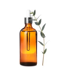 Bottle of hydrophilic oil and green branch on white background
