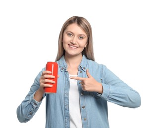 Beautiful happy woman holding red beverage can on white background