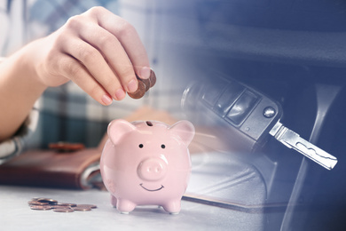 Buying vehicle. Double exposure of woman putting coins into piggy bank and car key