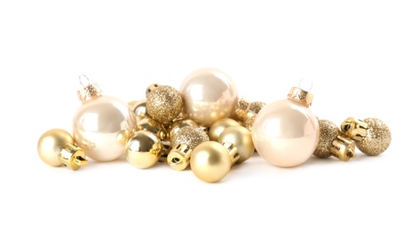 Many beautiful Christmas balls on white background