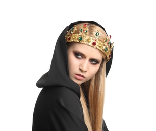 Witch in black mantle and crown isolated on white. Scary fantasy character