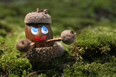 Cute figure made of acorns on green moss outdoors, closeup