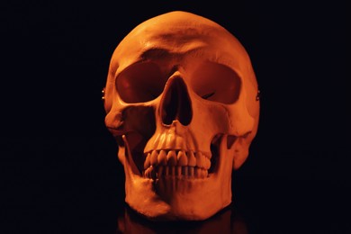 Orange human skull with teeth on black background