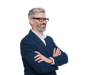 Photo of Mature businessman in stylish clothes posing on white background