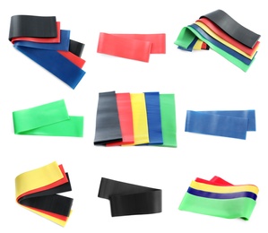 Image of Set of different fitness elastic bands on white background