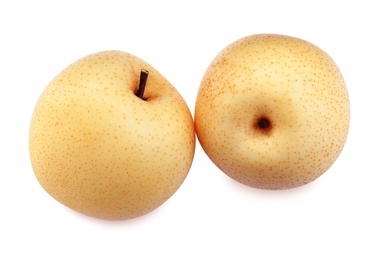 Fresh ripe apple pears on white background, top view