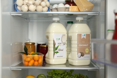 Gallons of hemp and coconut milk a in refrigerator. Vegan product