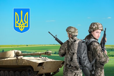 Stop war in Ukraine. Defenders and military tank in field, Ukrainian Trizub against blue sky