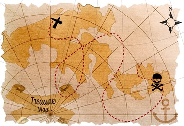 Old pirate treasure map on white background, illustration