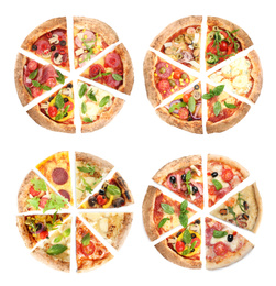 Set with slices of different pizzas on white background, top view 