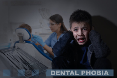 Image of Odontophobia concept. Scared little boy and dentist appointment