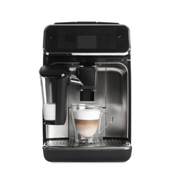 Modern coffee machine with cup of cappuccino isolated on white