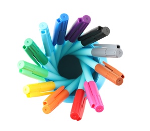 Different color felt tip pens in holder on white background, top view. School stationery
