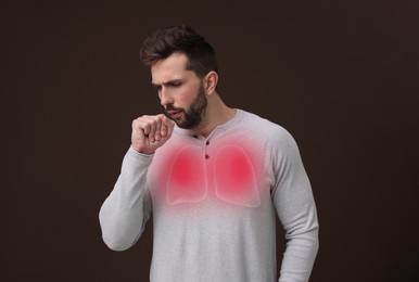 Sick man coughing on brown background. Cold symptoms