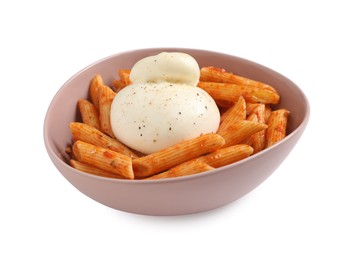 Bowl of delicious pasta with burrata and tomato sauce isolated on white