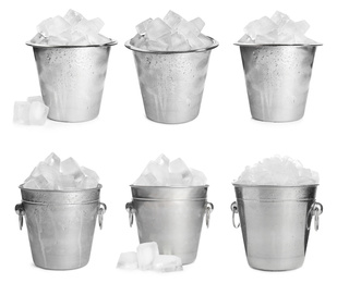 Set of different metal buckets with ice cubes on white background 