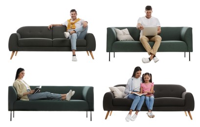 Collage with photos of people sitting on different stylish sofas against white background